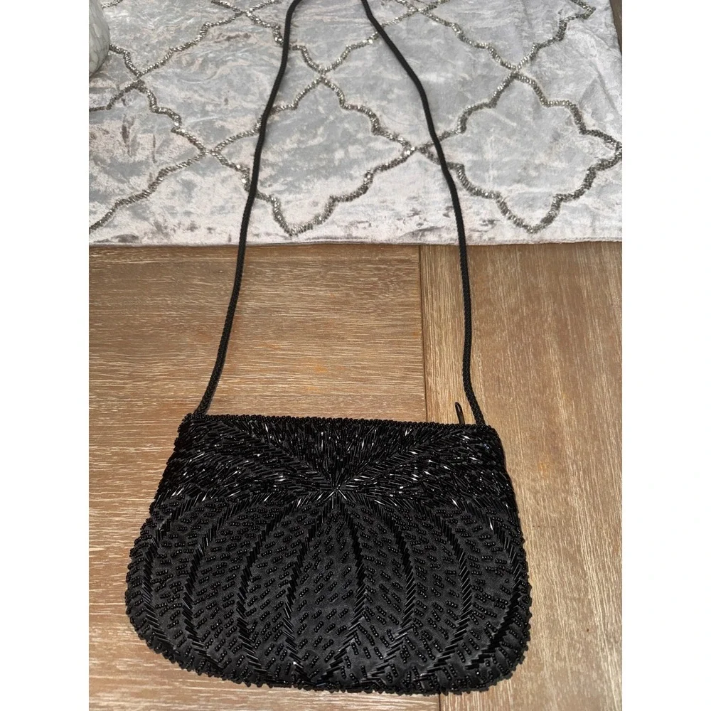 Gallery Originals Black Beaded‎ Evening Clutch Purse 1984